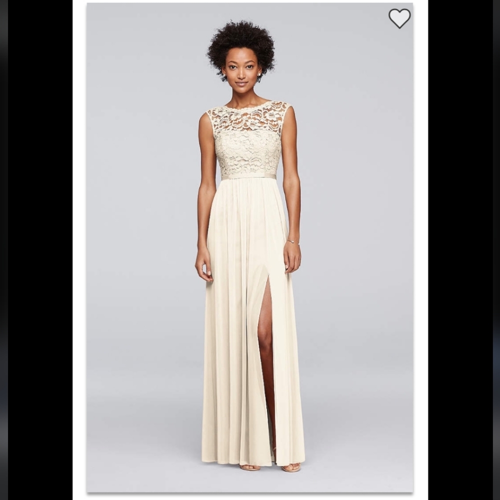 Davids Bridal Elegant Ivory White Lace & Chiffon Sleeveless Dress W/ Slit 14 - Picture 1 of 14